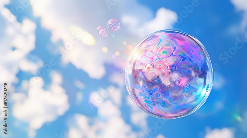 A bubble floating in the air  with its surface displaying complex fractal patterns 