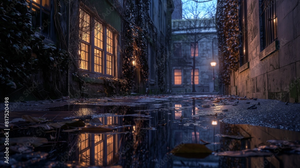 A quiet back alley in a city at night, with puddles reflecting the sparse light from nearby windows and street lamps, and walls covered with dark ivy. 32k, full ultra HD, high resolution