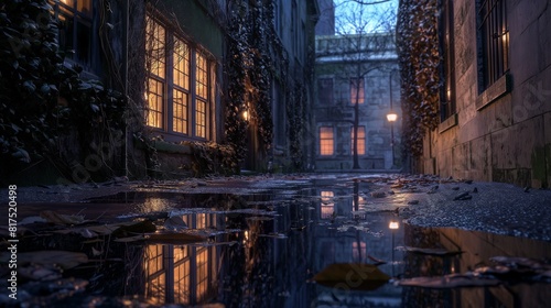 A quiet back alley in a city at night, with puddles reflecting the sparse light from nearby windows and street lamps, and walls covered with dark ivy. 32k, full ultra HD, high resolution © Annu photos's