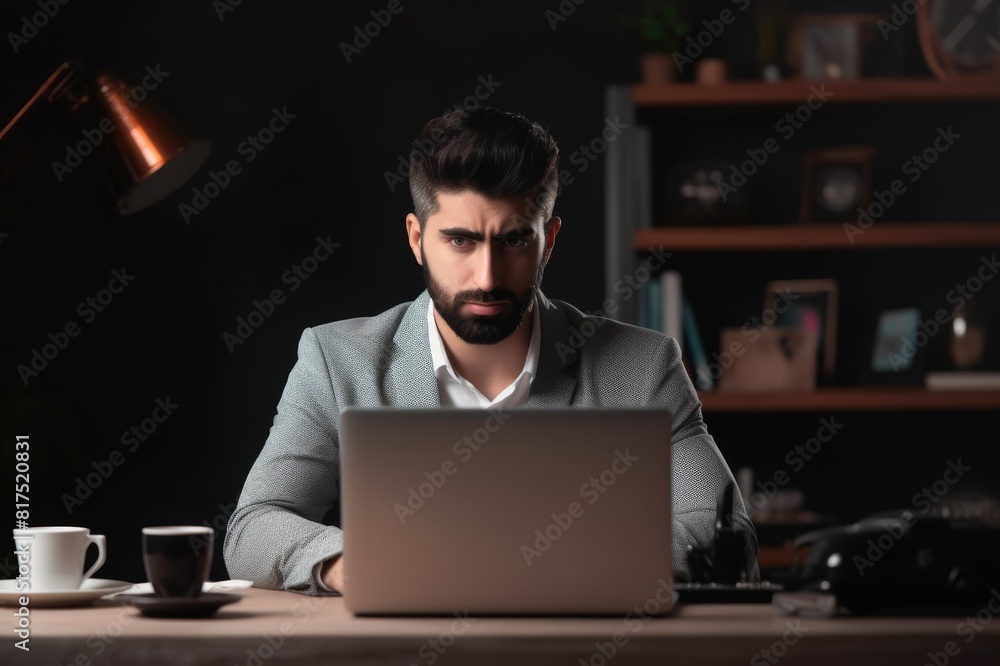 portrait of businessman at desk looking at laptop portrait of businessman at desk looking at laptop