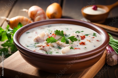 Chowder on a wooden background. Selective focus.