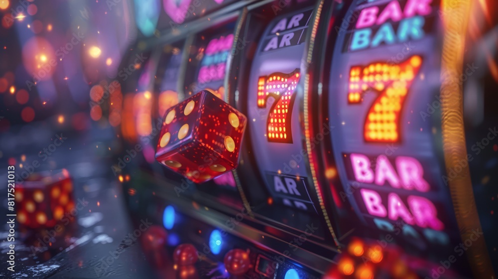 Neon-Lit Slot Machines And Dice Highlight The Excitement Of A Casino Night