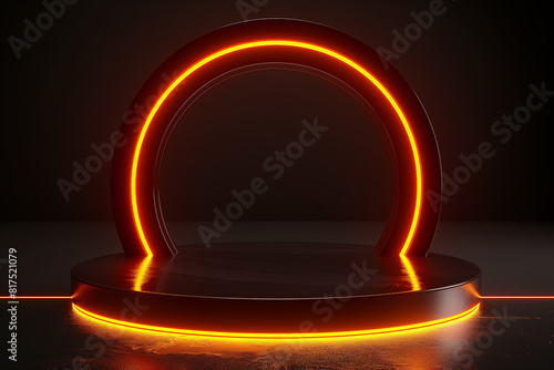 3D rendering of a glowing neon light triangle on a black background with a floor reflection.