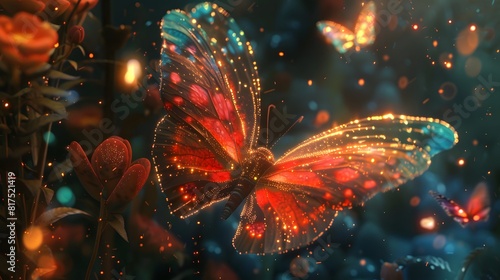 A butterfly with a red body is flying in a forest. The butterfly is surrounded by fireflies, creating a warm and magical atmosphere © phairot