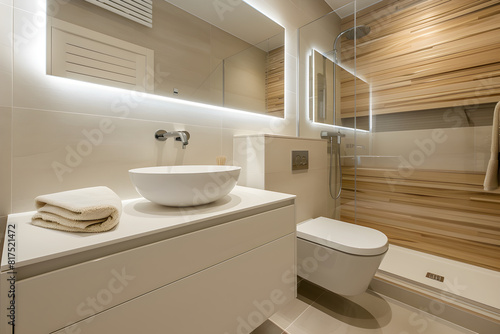 Contemporary Modern Bathroom with Minimalist Design and Warm Lighting photo