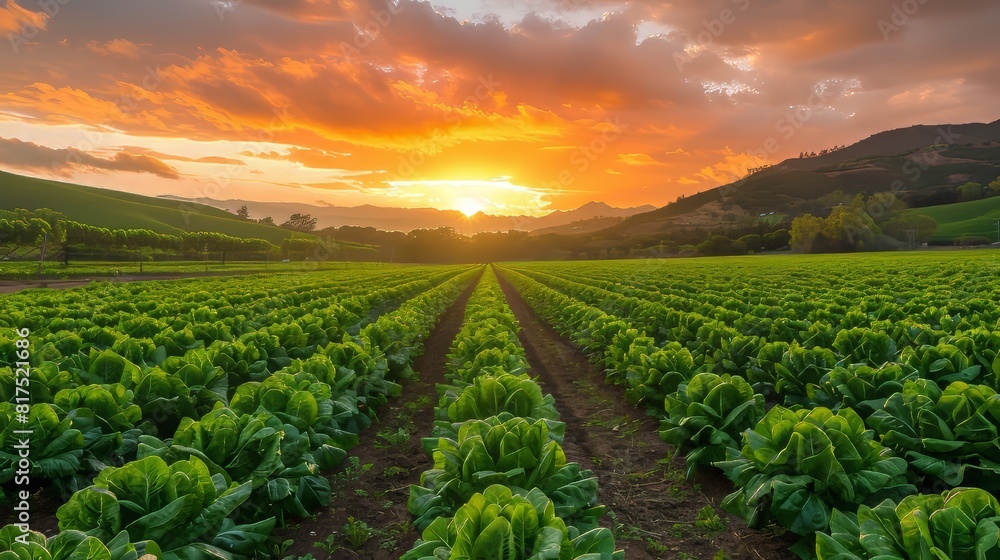 Lettuce farm at sunset with the sky painted in warm hues and the crops bathed in golden light Generative AI Lettuce farm at sunset with the sky painted in warm hues and the crops bathed in golden light Generative AI