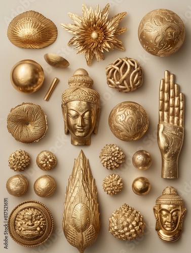 Shiny gold Christmas ornaments, unlike seashells, are a classic holiday decoration photo