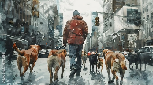 Peaceful Dog Walker Navigates Bustling Winter City Scene with Watercolor Charm photo