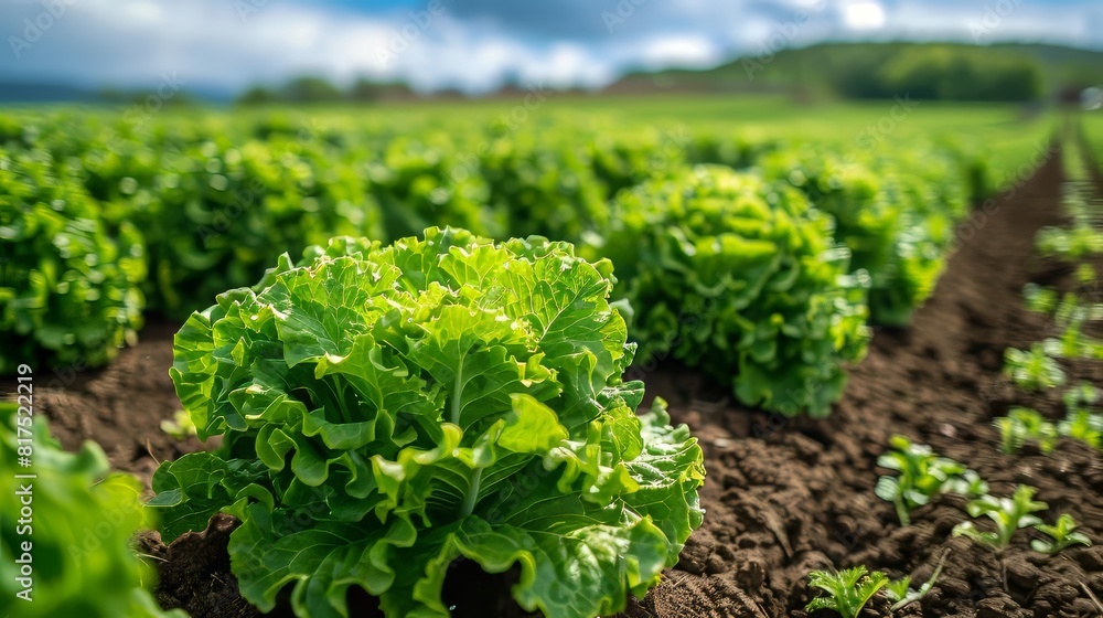 Lush green lettuce farm under a clear blue sky with neatly arranged rows of vibrant lettuce plants Generative AI Lush green lettuce farm under a clear blue sky with neatly arranged rows of vibrant lettuce plants Generative AI