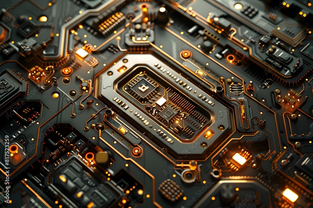 Intricate Metallic Microchip with Gleaming Circuits and Futuristic Digital Components Intricate Metallic Microchip with Gleaming Circuits and Futuristic Digital Components