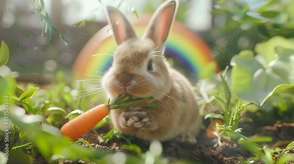 Captivating Low-Angle Perspective of a Rescued Rabbit Nibbling on a Carrot in a Whimsical Rainbow-Adorned Garden Captivating Low-Angle Perspective of a Rescued Rabbit Nibbling on a Carrot in a Whimsical Rainbow-Adorned Garden
