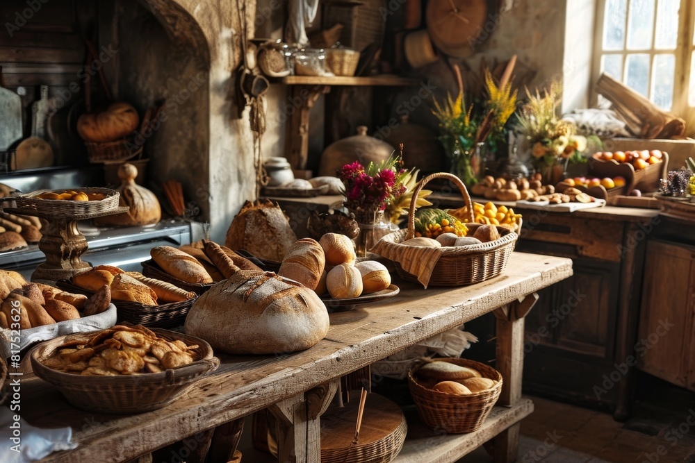 A bakery with fresh, delicious goods in the countryside, a Blurred bakery shop in a wholesale store with fresh baked bread on wooden shelf, AI generated A bakery with fresh, delicious goods in the countryside, a Blurred bakery shop in a wholesale store with fresh baked bread on wooden shelf, AI generated