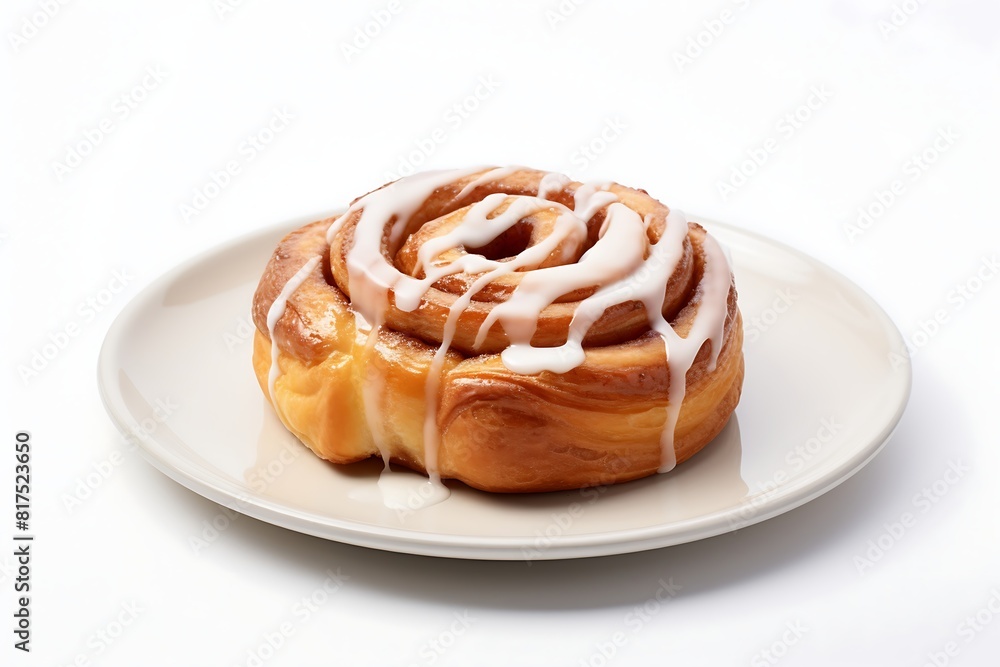 Fototapeta premium Cinnamon bun on a plate on white background.