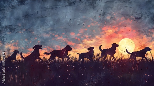 Silhouetted Canines at Peaceful Sunset in Dreamy Dog Park Landscape photo