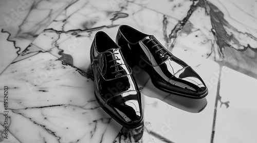 pair of patent leather dress shoes in sleek black, resting on a polished marble floor in a luxury footwear boutique, exuding timeless style and sophistication for formal events and black-tie