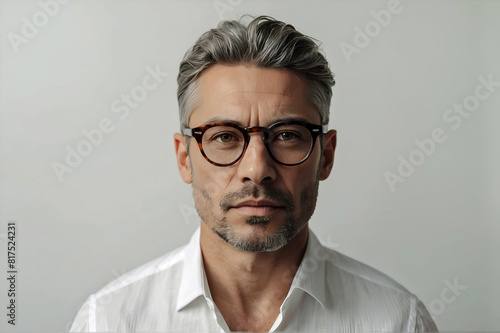 Mature Man Salt Pepper Hair Beard Dark Rim Glasses White Shirt Off White Background Copy Space