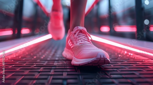 Close-up of running shoes on illuminated treadmill in modern fitness center photo
