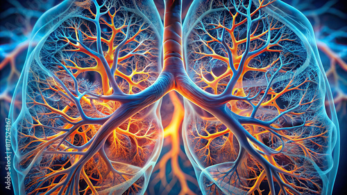 Macro image of a pair of lungs, showcasing the intricate network of bronchioles and alveoli, illustrating the respiratory system's efficiency. photo
