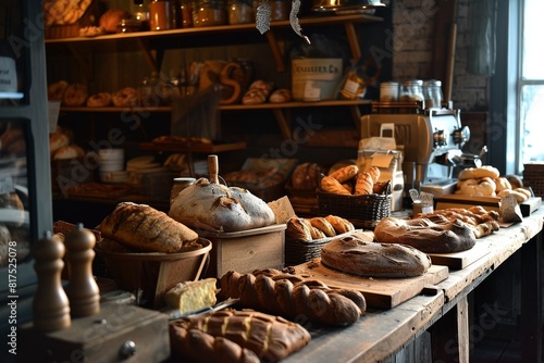 A bakery with fresh, delicious goods in the countryside, a Blurred bakery shop in a wholesale store with fresh baked bread on wooden shelf, AI generated