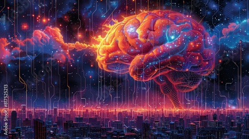 a dynamic digital illustration representing the relationship between the human brain  AI Generative