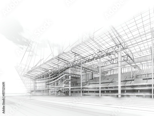 Sketch of a modern stadium with a detailed line drawing.