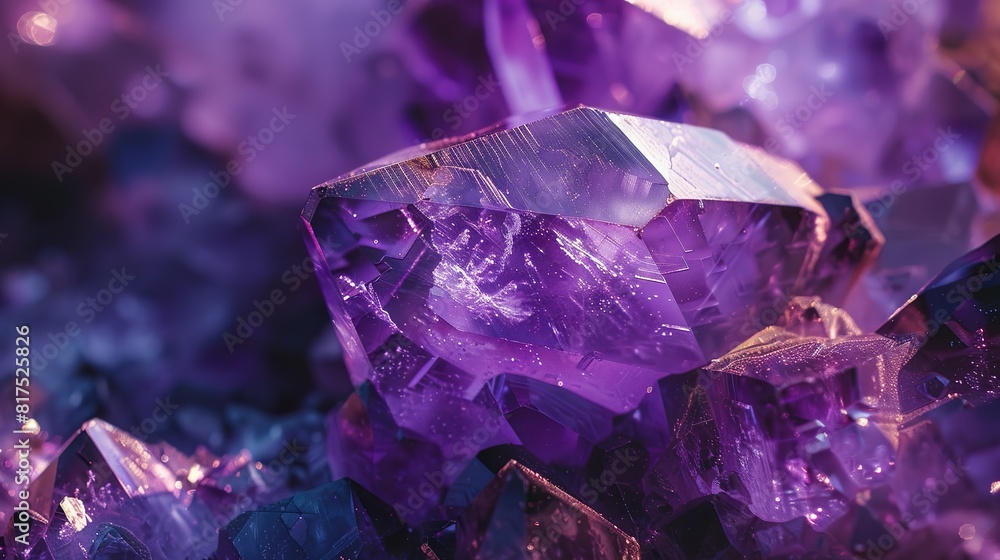 A close-up of an amethyst crystal, showcasing its deep purple color and intricate patterns. A close-up of an amethyst crystal, showcasing its deep purple color and intricate patterns.