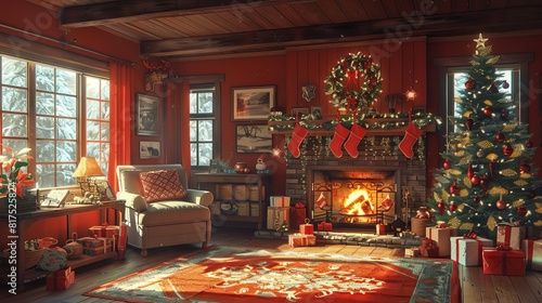 Cozy living room scene with a crackling fireplace, stockings hung with care, and a twinkling Christmas tree, all set against a backdrop of warm, inviting colors