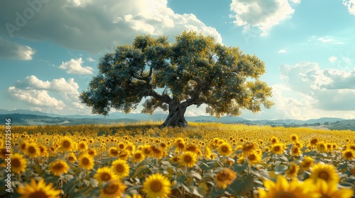 Ancient olive tree in the center of a sunflower field, golden light hour, blue sky full of cotton clouds, simple, AI Generative