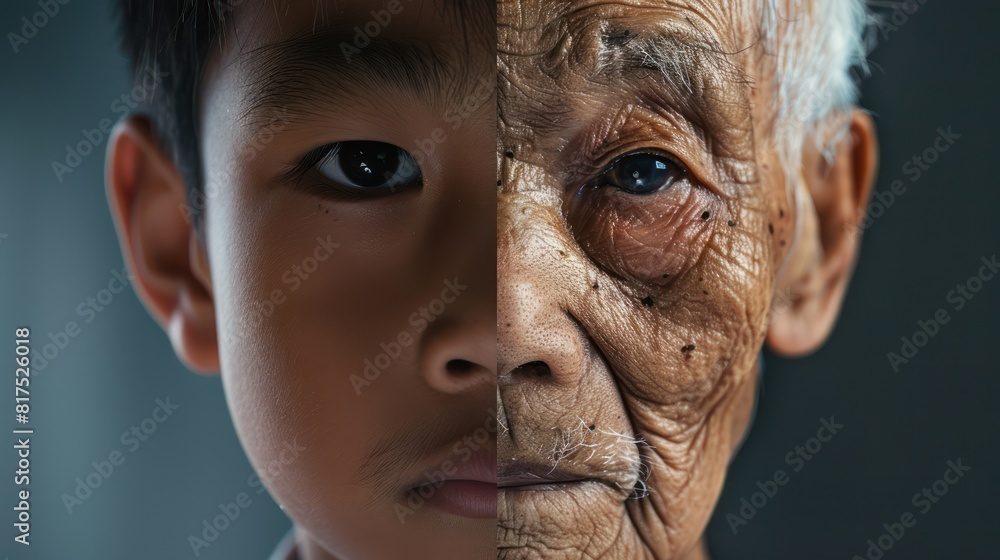 The face is divided into two halves - half of an Asian boy and half of an old Asian man. Distinguishing childhood and old age, aging, maturation, longevity, lifespan, aging, gerontology. The face is divided into two halves - half of an Asian boy and half of an old Asian man. Distinguishing childhood and old age, aging, maturation, longevity, lifespan, aging, gerontology.