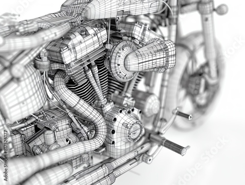 3D rendering of a detailed motorcycle engine.