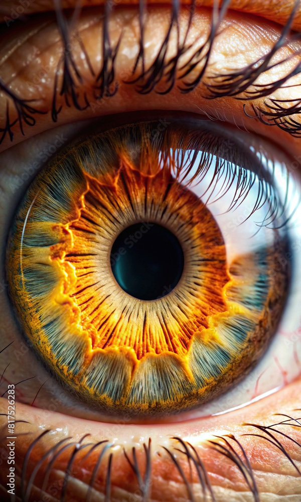 Detailed view of the eyes, including iris, pupil, cornea, retina, and optic nerve.