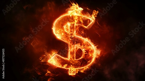 Burning Dollar Symbol on Black Background Representing Financial Crisis and Economic Stress