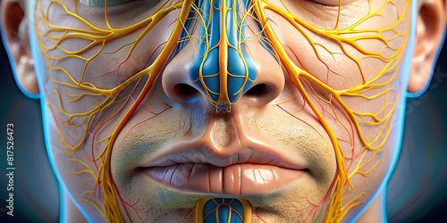 Close-up of the nose, highlighting nasal passages, sinuses, and olfactory nerves. photo
