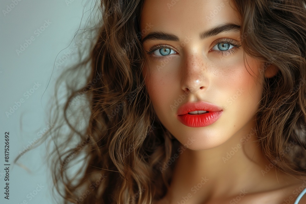 Close-Up Portrait of a Beautiful Young Woman with Long Curly Hair and Freckles Close-Up Portrait of a Beautiful Young Woman with Long Curly Hair and Freckles