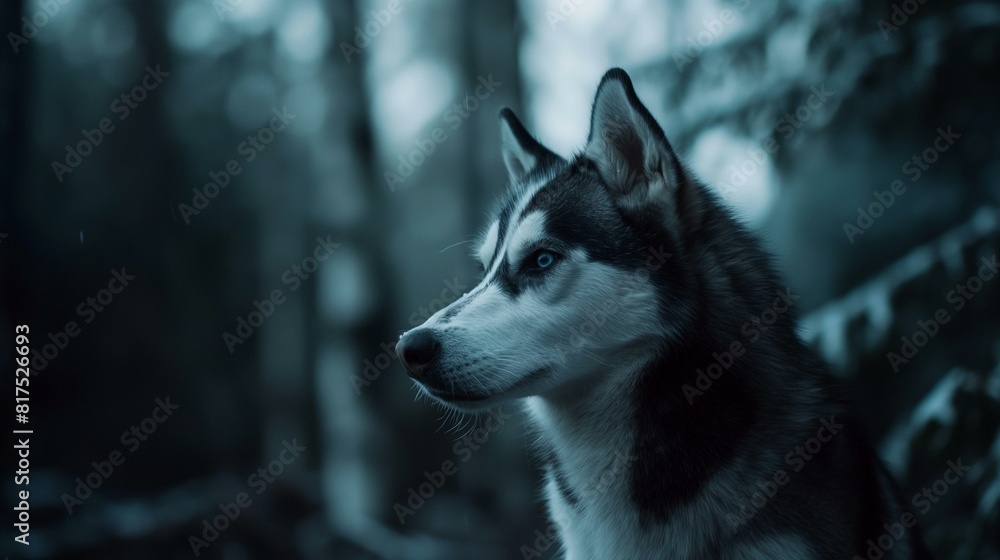 Portrait of a Husky Dog in a Winter Forest at Night Portrait of a Husky Dog in a Winter Forest at Night