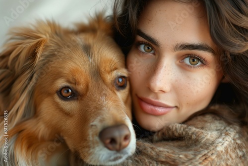 Young Woman Hugging Her Dog Close-Up Portrait in Warm Lighting © Generative ART
