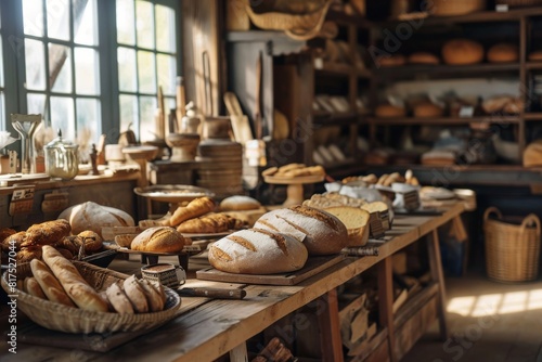 A bakery with fresh, delicious goods in the countryside, a Blurred bakery shop in a wholesale store with fresh baked bread on wooden shelf, AI generated