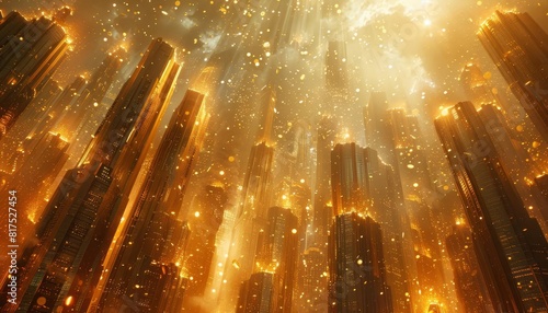Surreal composition of gold bullion and coins floating over a luminous golden cityscape, epitomizing economic success, Surreal Economy, Bright gold, Photo collage © 1000lnw