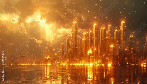 Surreal composition of gold bullion and coins floating over a luminous golden cityscape  epitomizing economic success  Surreal Economy  Bright gold  Photo collage
