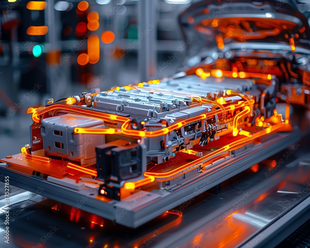 Detailed view of EV battery layout within the chassis selective focus, tech advancements, vibrant, futuristic, Double exposure, factory Detailed view of EV battery layout within the chassis selective focus, tech advancements, vibrant, futuristic, Double exposure, factory