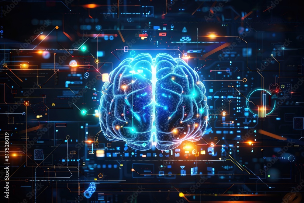 A glowing AI brain illustrating trust in artificial intelligence, high-tech background, top view, emphasizing confidence in AI, technology tone, complementary color scheme A glowing AI brain illustrating trust in artificial intelligence, high-tech background, top view, emphasizing confidence in AI, technology tone, complementary color scheme
