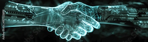 A futuristic handshake symbolizing belief in digital security, high-tech background, front view, representing trust in cybersecurity, cybernetic tone, monochromatic color scheme