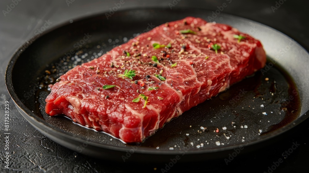raw beef steak on a black plate with oil and herbs, in the style of high resolution