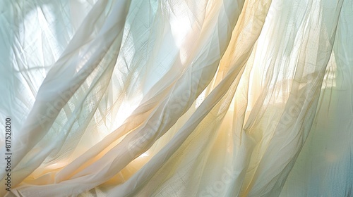 An abstract of sunlight filtering through white curtains, casting soft shadows and patterns.