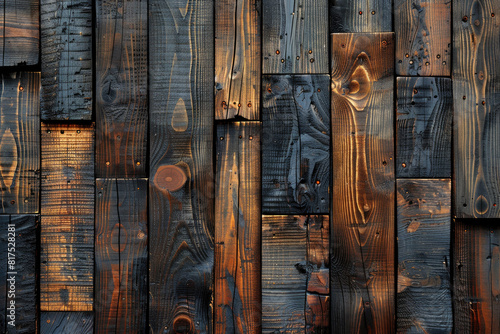 A closeup of burnt wood planks, showcasing the intricate patterns and textures that make up an old cabin wall. Created with Ai