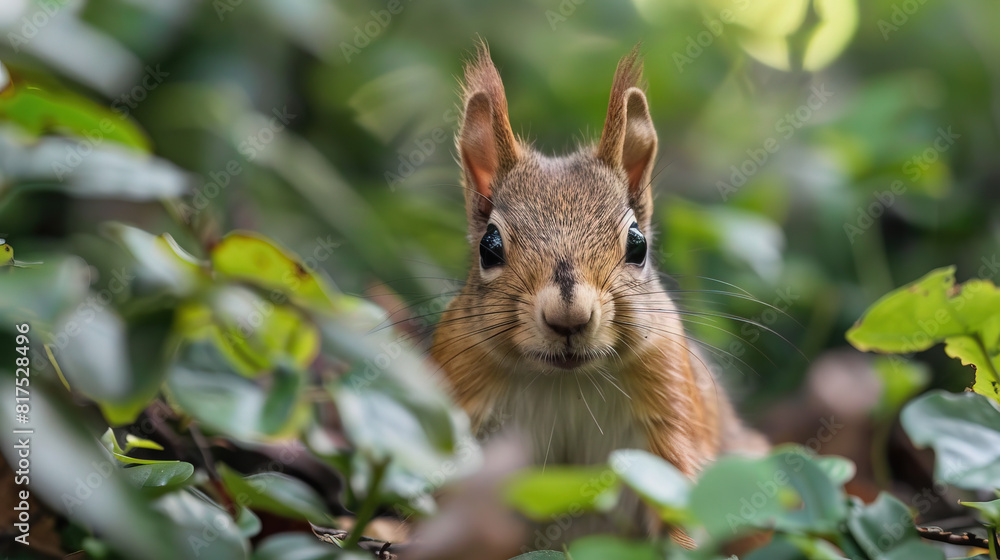 Close-Up Of A Curious Squirrel Peeking Through Green Leaves In Natural Habitat Close-Up Of A Curious Squirrel Peeking Through Green Leaves In Natural Habitat
