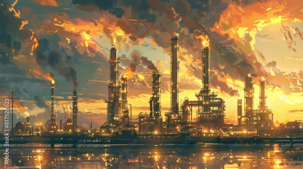 A painting of a large industrial plant with a sunset in the background A painting of a large industrial plant with a sunset in the background