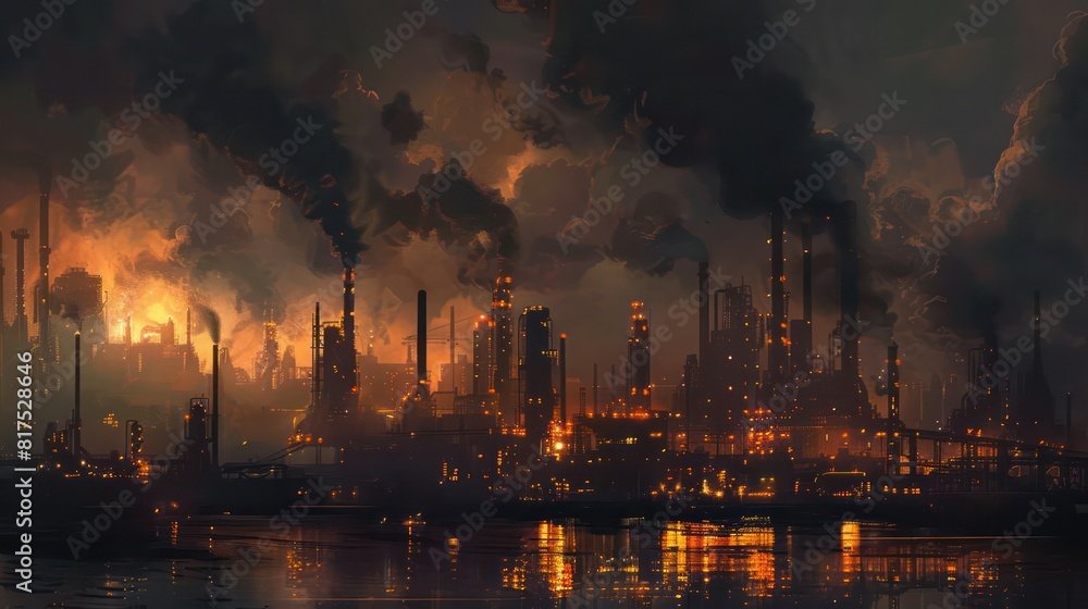A painting of a city with smoke and fire in the background A painting of a city with smoke and fire in the background