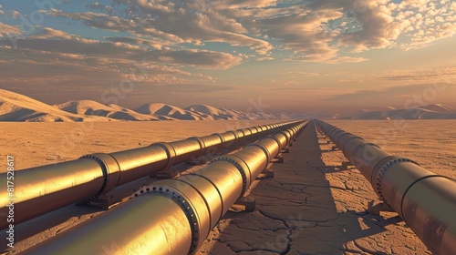 A long line of pipes are shown in the desert