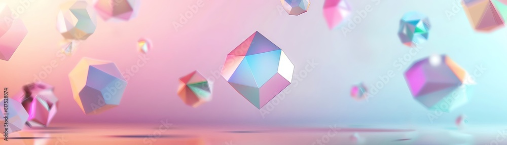 Floating geometric shapes with a gradient abstract background in soft pastel colors, 3D render, futuristic design Floating geometric shapes with a gradient abstract background in soft pastel colors, 3D render, futuristic design